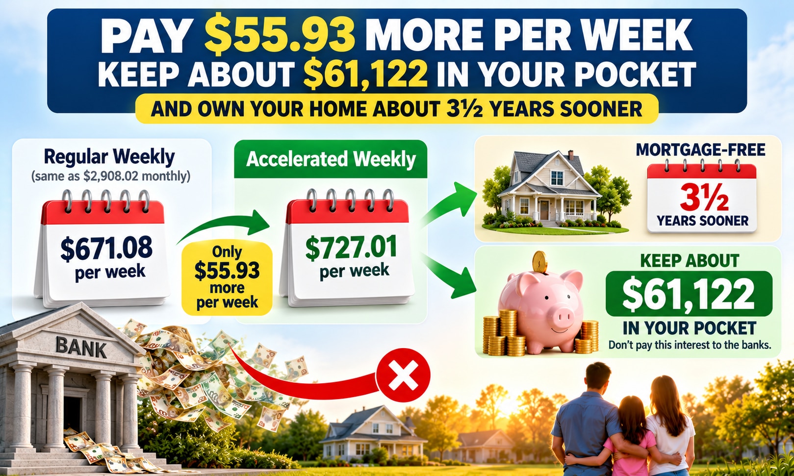 Accelerated weekly mortgage payment example showing about $56 more per week, about $61,122 less interest and becoming mortgage-free about three and a half years sooner